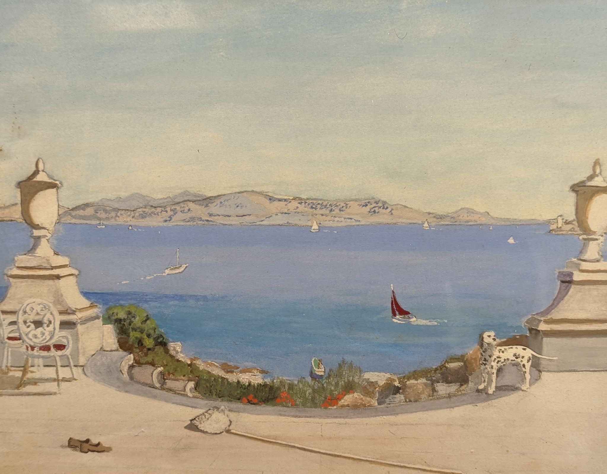 John Maude, watercolour, Coastal scene with dalmatian, label verso, 22 x 29cm